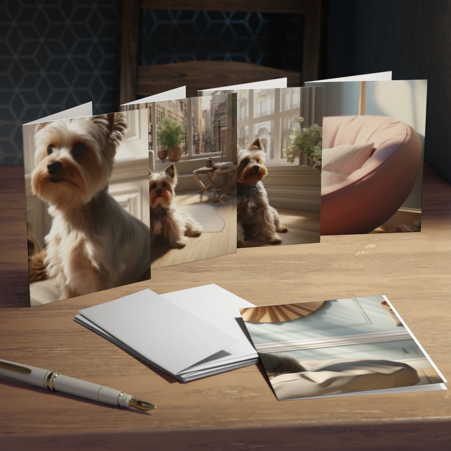 Confident Companion: A Dynamic Depiction of a Yorkshire Terrier Confident In a luxurious living Space.(5-Pack)