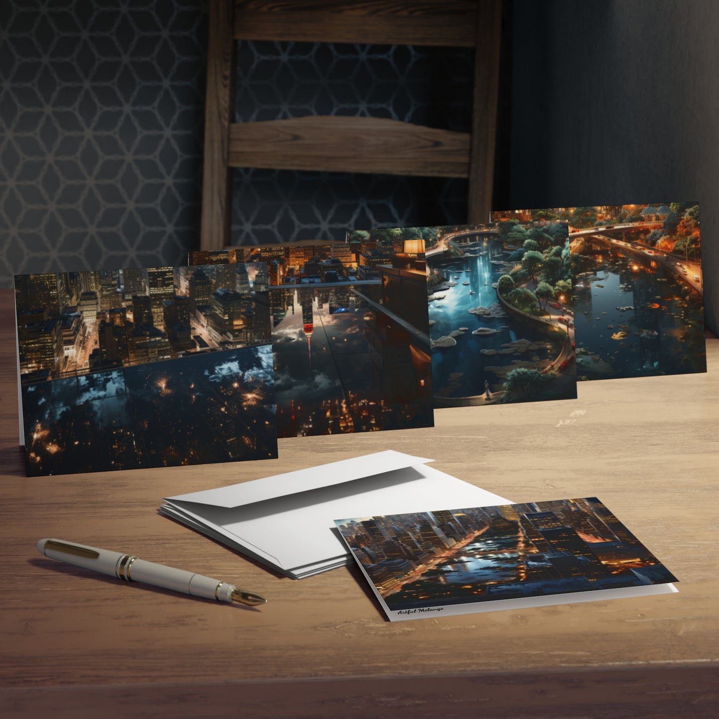 Skyline Vista: Hyper-Realistic 3D Cityscape Note Cards (5-Pack)