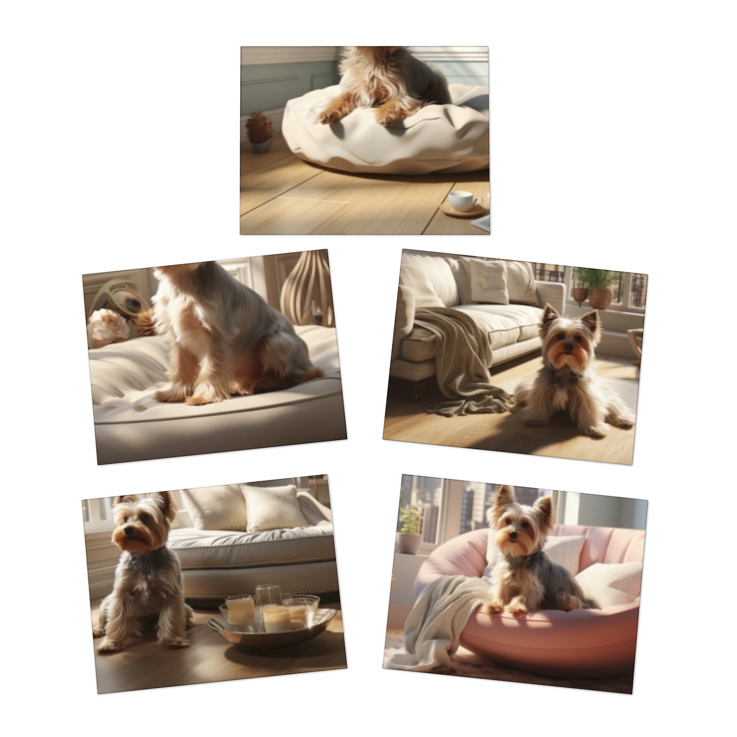 Confident Companion: A Dynamic Depiction of a Yorkshire Terrier Confident In a luxurious living Space.(5-Pack)