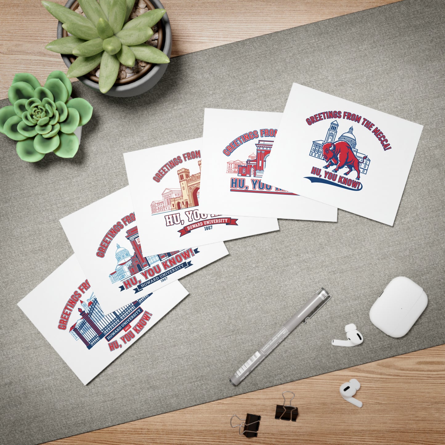Greetings From The Mecca Multi-Design Greeting Card Set/5 Pak/ Bold Howard University pride in a clean, vibrant design for every occasion.