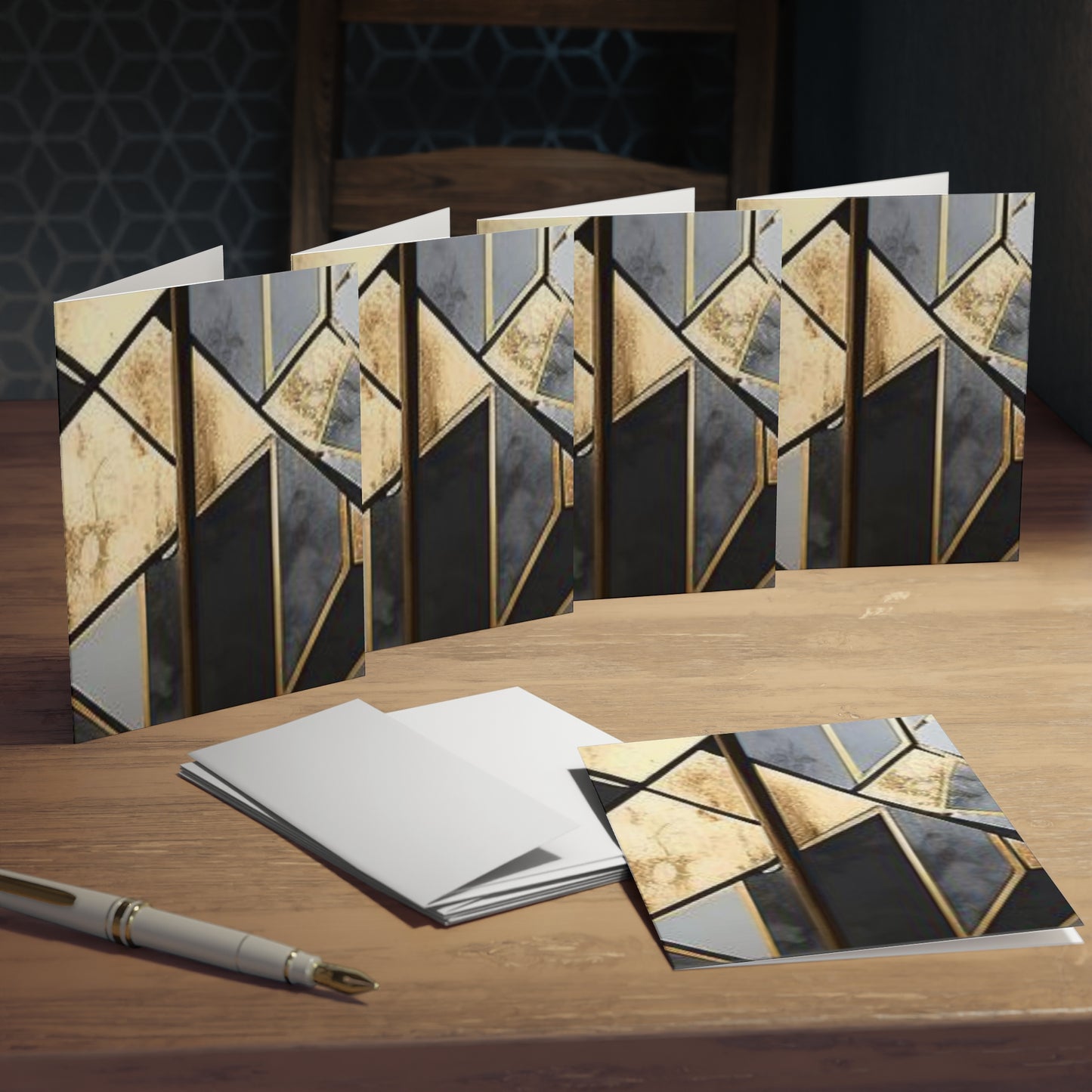 Elegance in Ink: Gold & Black Abstract Art Note Card Set(5-Pack)