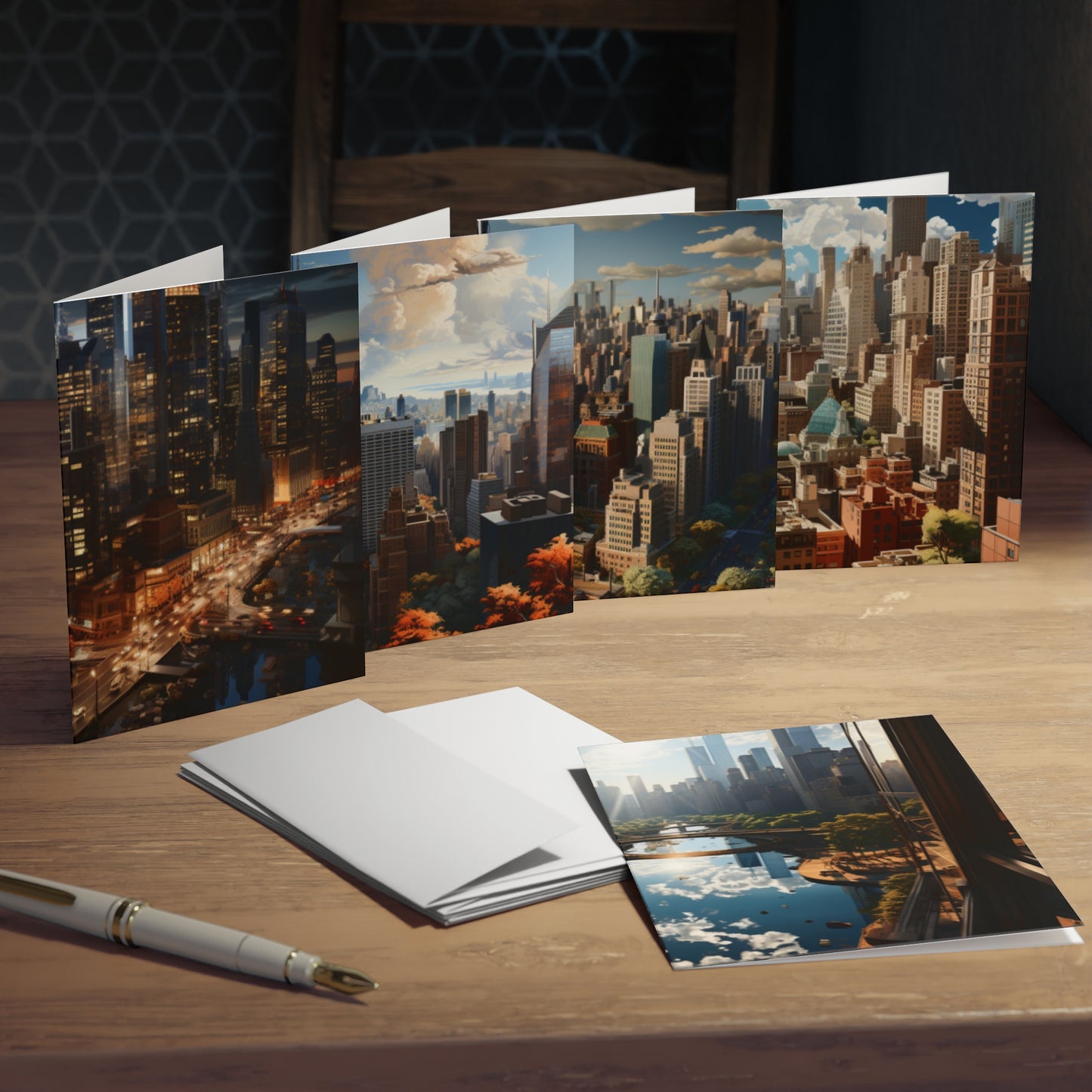 Skyline Vista: Hyper-Realistic 3D Cityscape Note Cards (5-Pack)