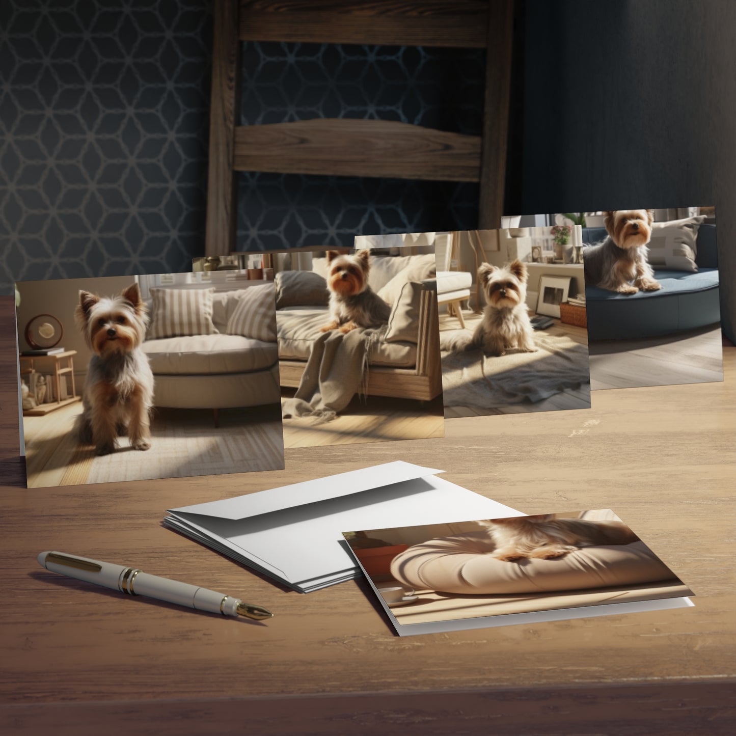 Bossy Lounging: Captures the playful yet authoritative stance of a Yorkshire Terrier amidst lavish decor (5-Pack)