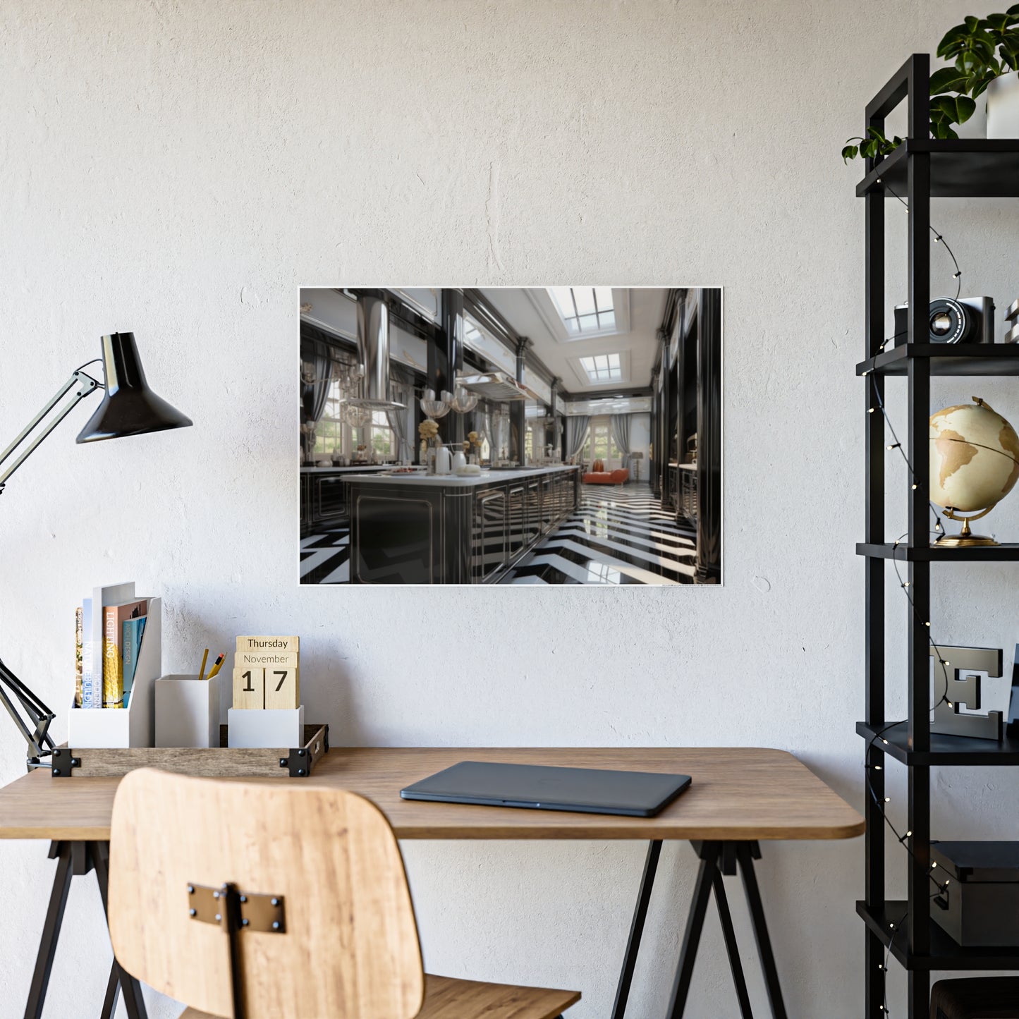Modern Kitchen Poster with City and Garden Views