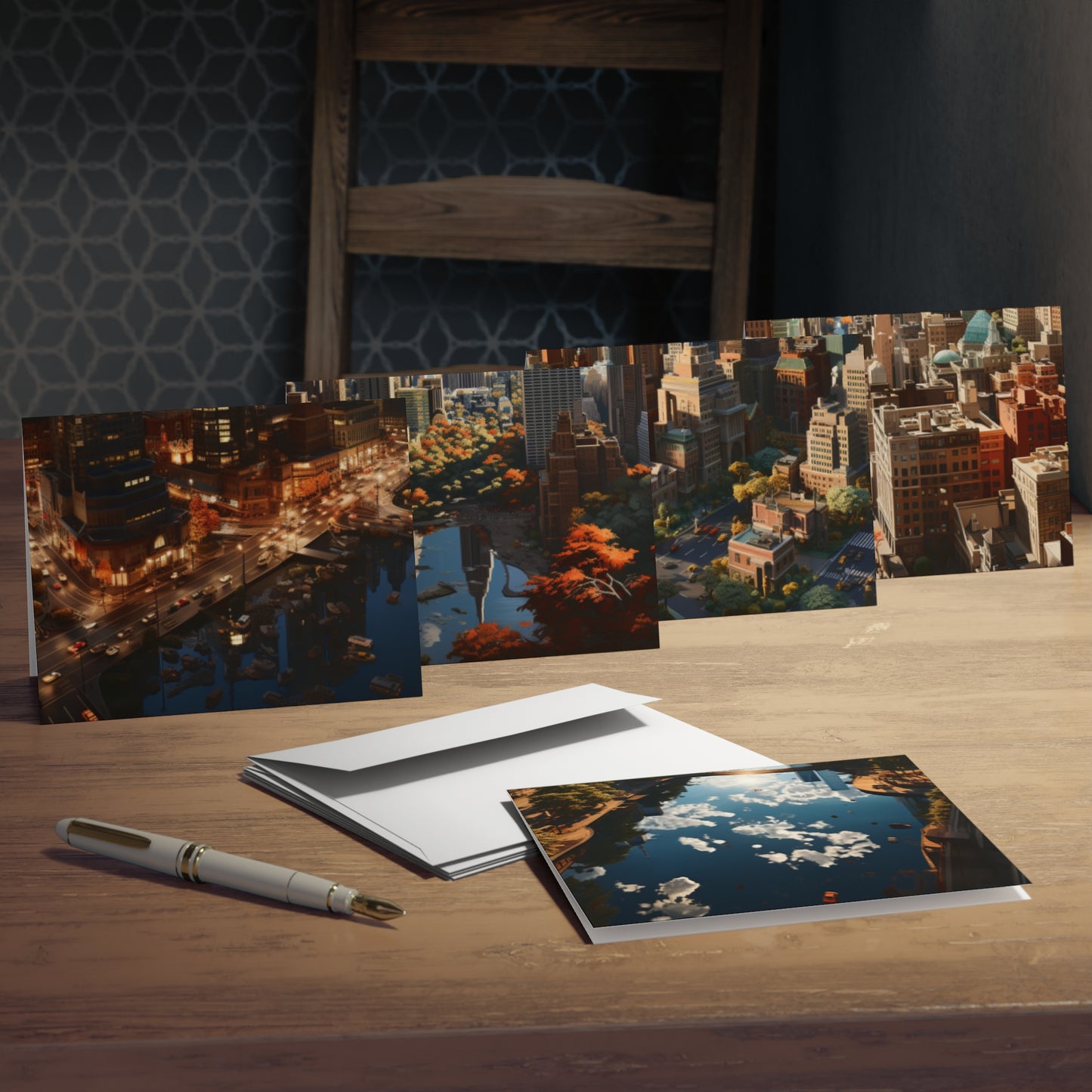Skyline Vista: Hyper-Realistic 3D Cityscape Note Cards (5-Pack)
