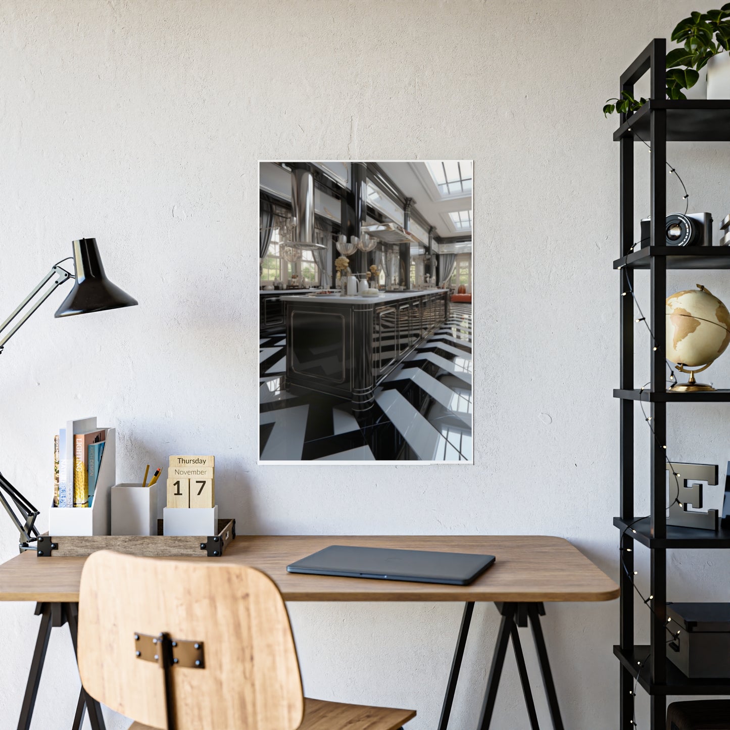 Modern Kitchen Poster with City and Garden Views