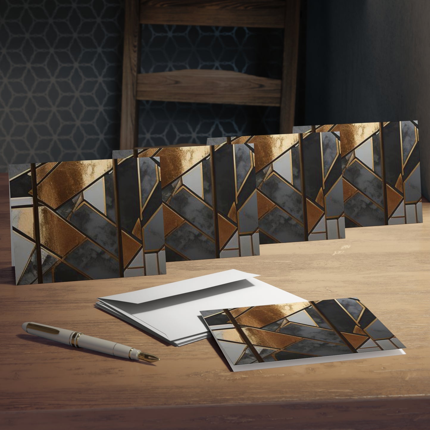 Elegance in Ink: Gold & Black Abstract Art Note Card Set(5-Pack)