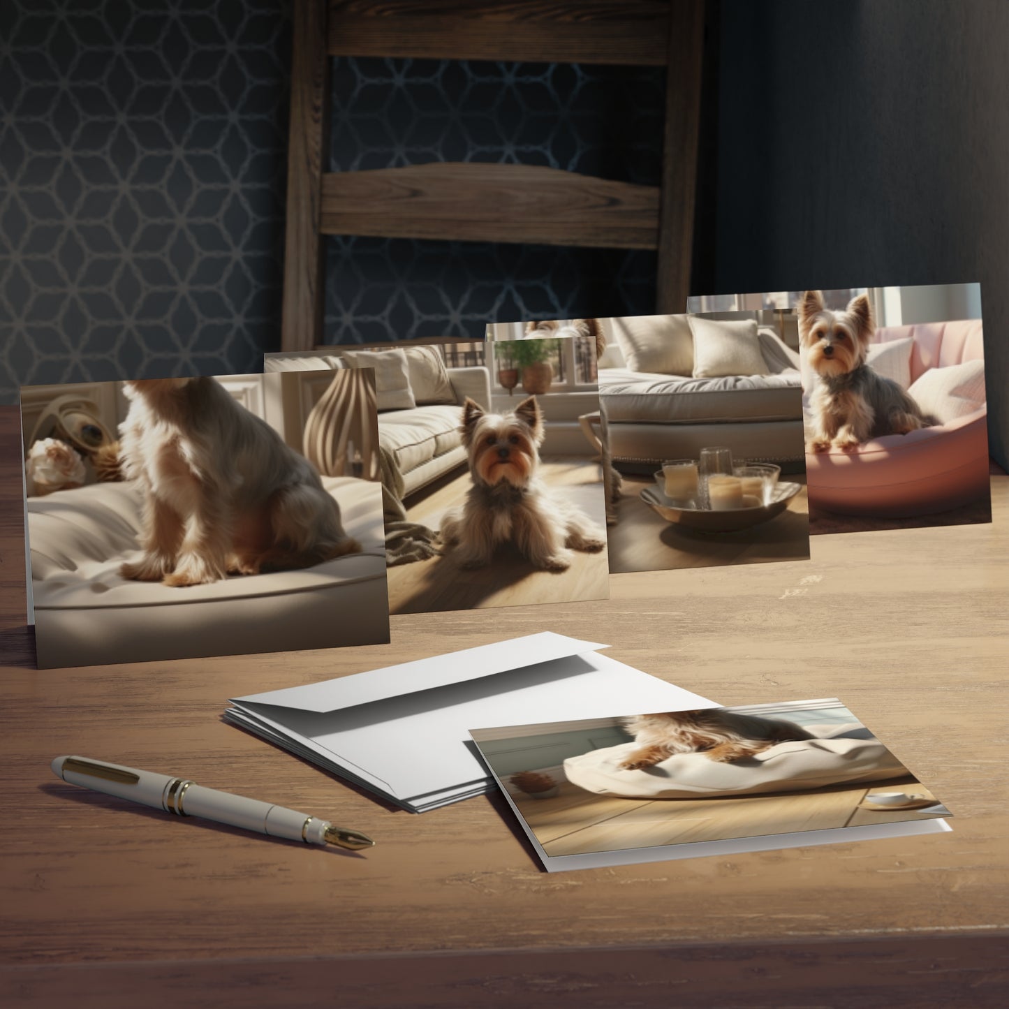 Confident Companion: A Dynamic Depiction of a Yorkshire Terrier Confident In a luxurious living Space.(5-Pack)