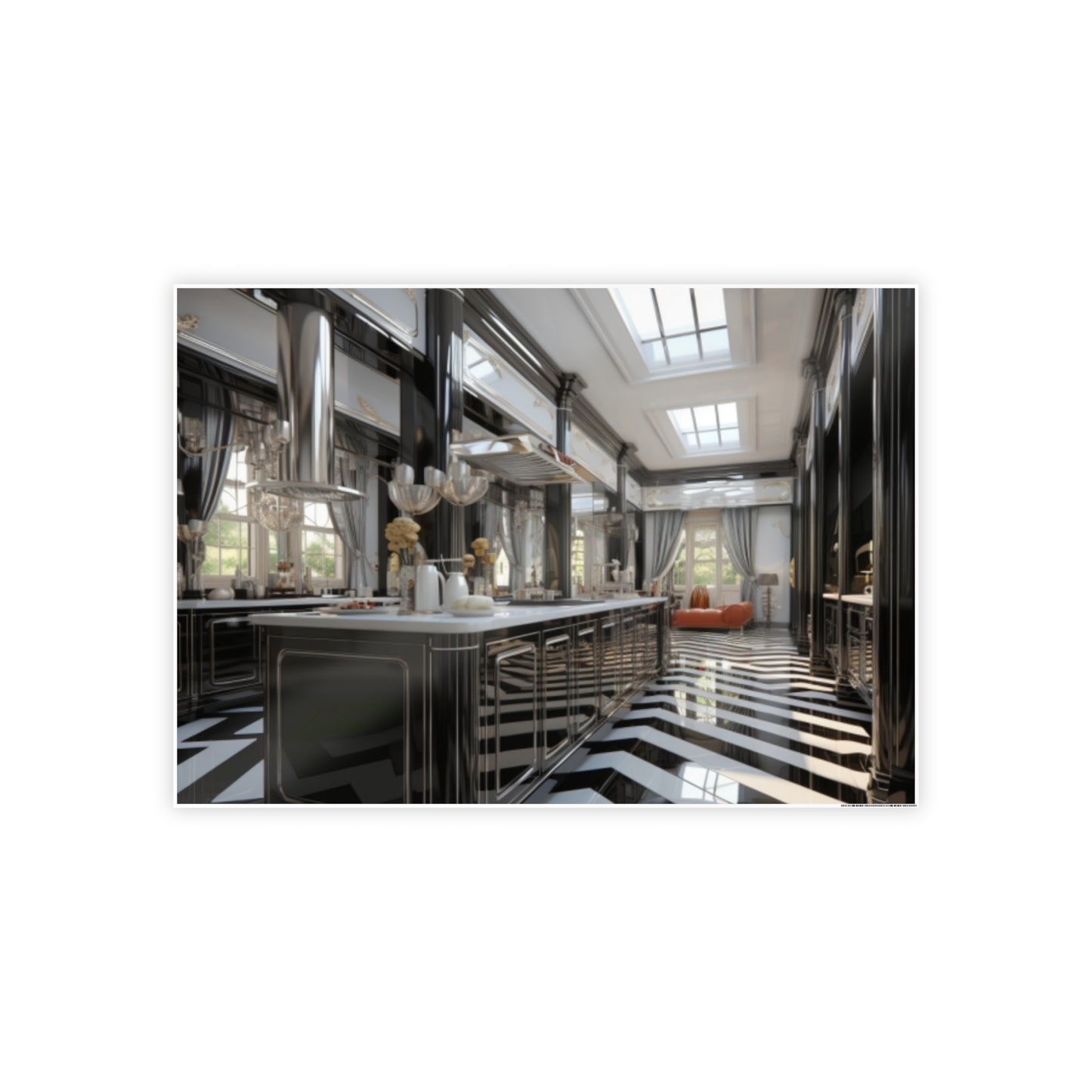 Modern Kitchen Poster with City and Garden Views