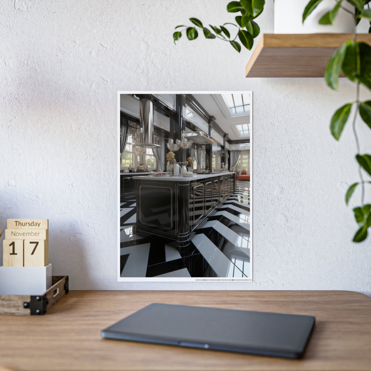 Modern Kitchen Poster with City and Garden Views