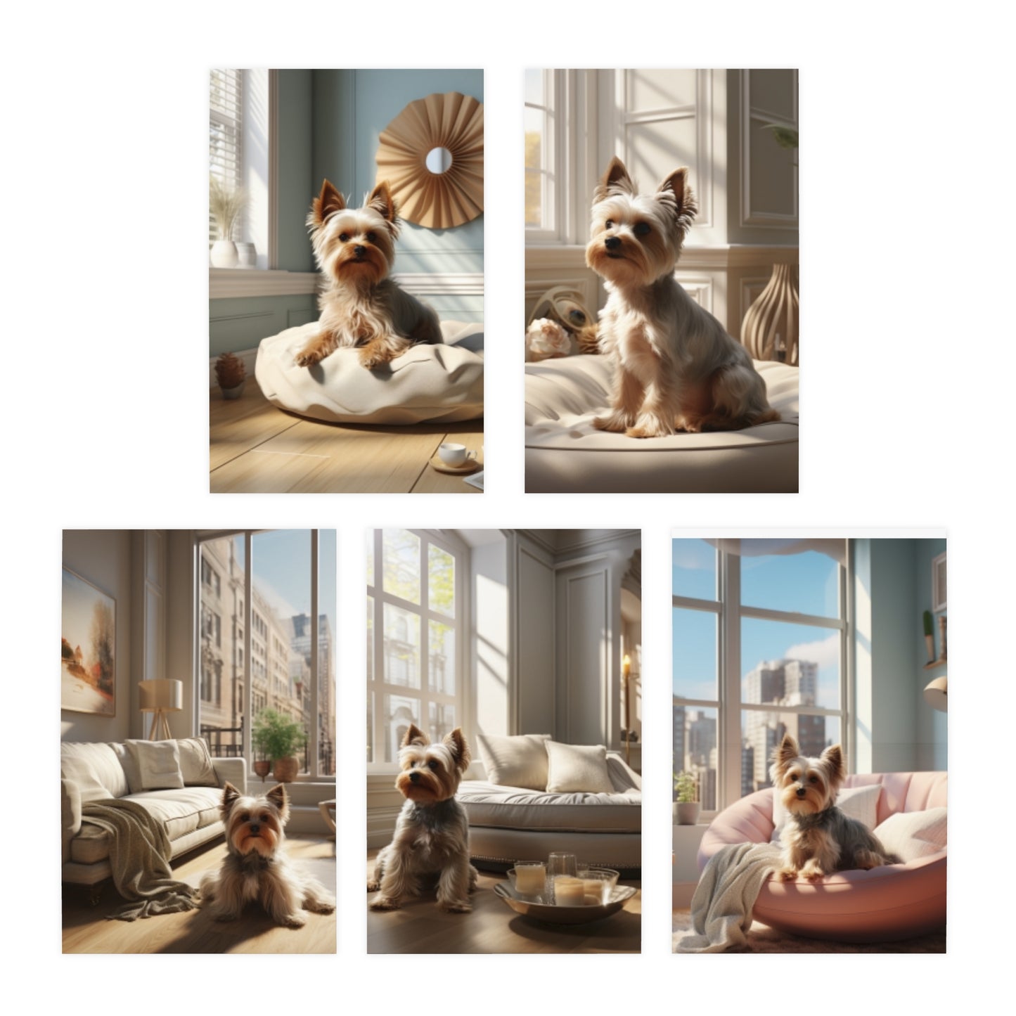 Confident Companion: A Dynamic Depiction of a Yorkshire Terrier Confident In a luxurious living Space.(5-Pack)