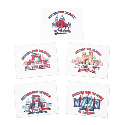Greetings From The Mecca Multi-Design Greeting Card Set/5 Pak/ Bold Howard University pride in a clean, vibrant design for every occasion.