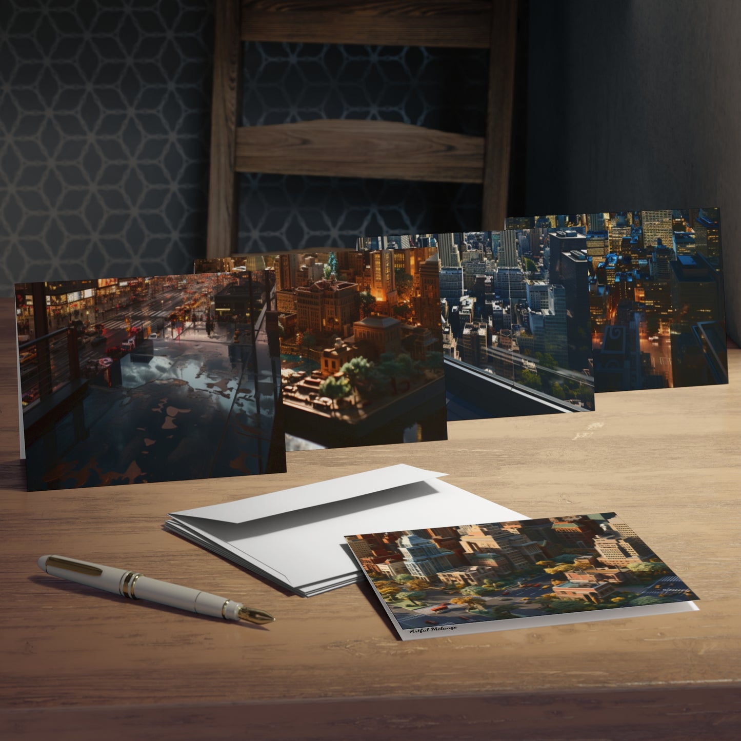 Skyline Vista: Hyper-Realistic 3D Cityscape Note Cards (5-Pack)