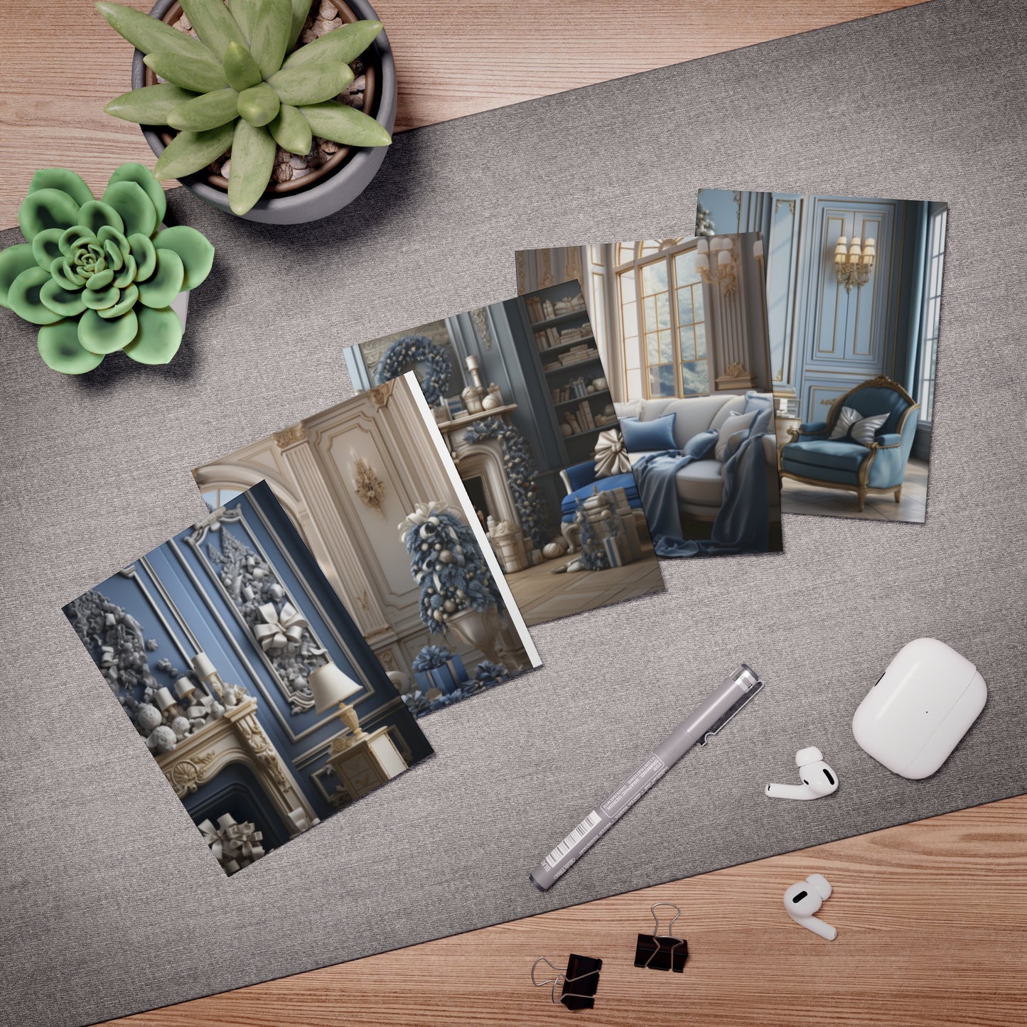 Ornate Era Greetings In Blue and Gold (5-Pack)