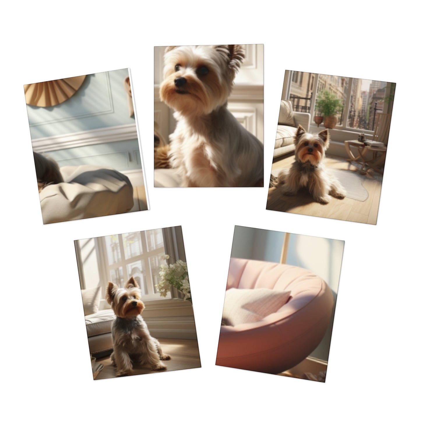 Confident Companion: A Dynamic Depiction of a Yorkshire Terrier Confident In a luxurious living Space.(5-Pack)