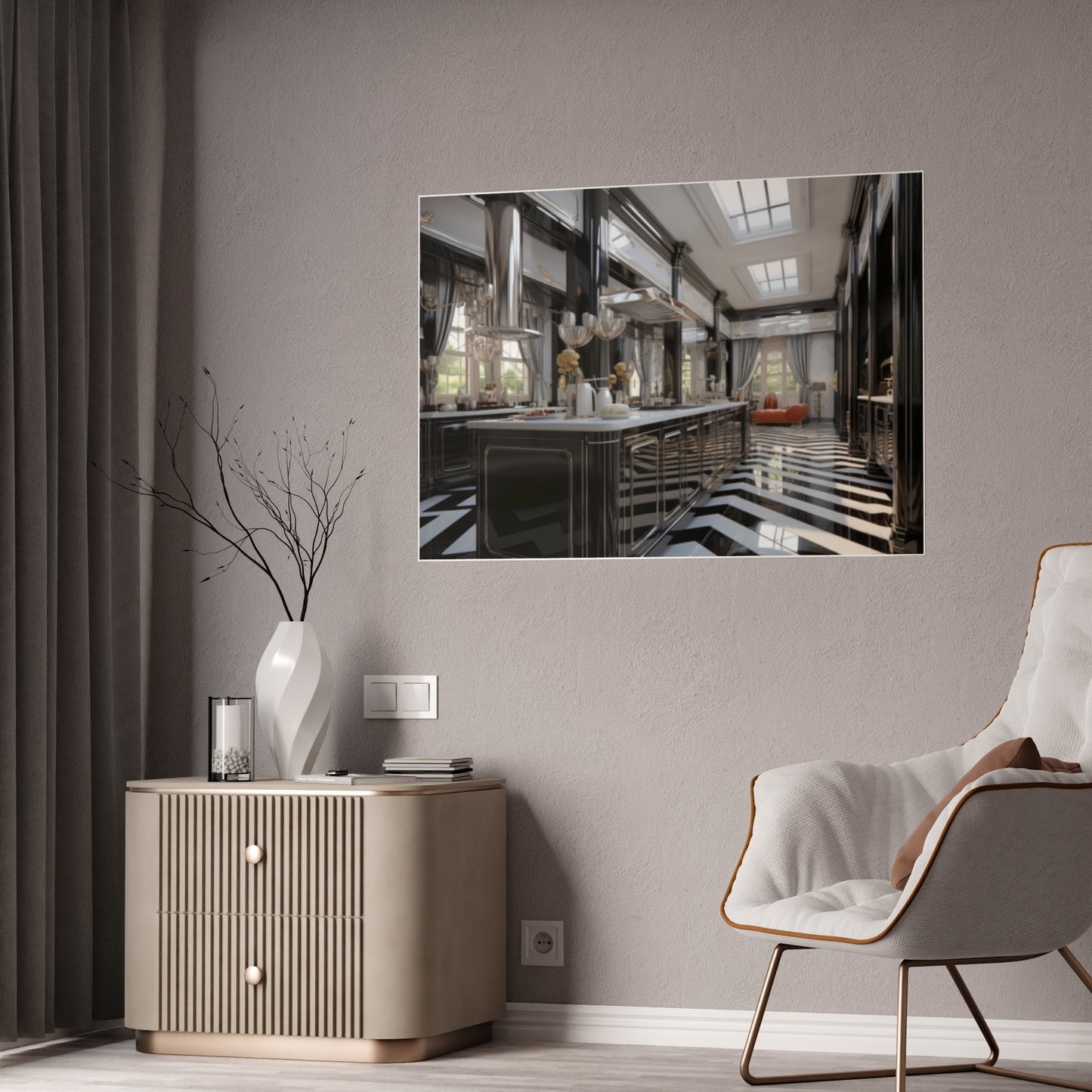 Modern Kitchen Poster with City and Garden Views