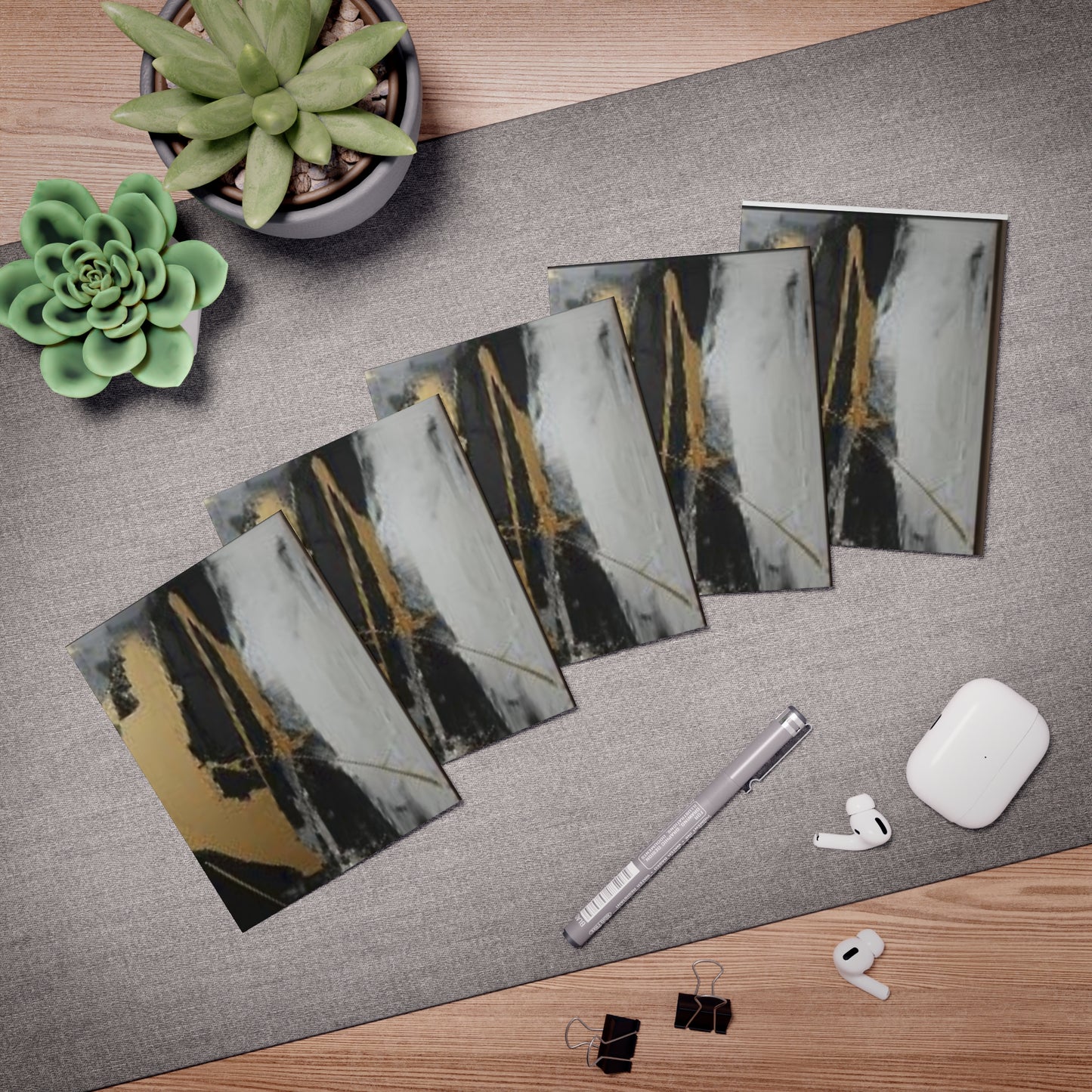 Elegance in Ink: Gold & Black Abstract Art Note Card Set(5-Pack)