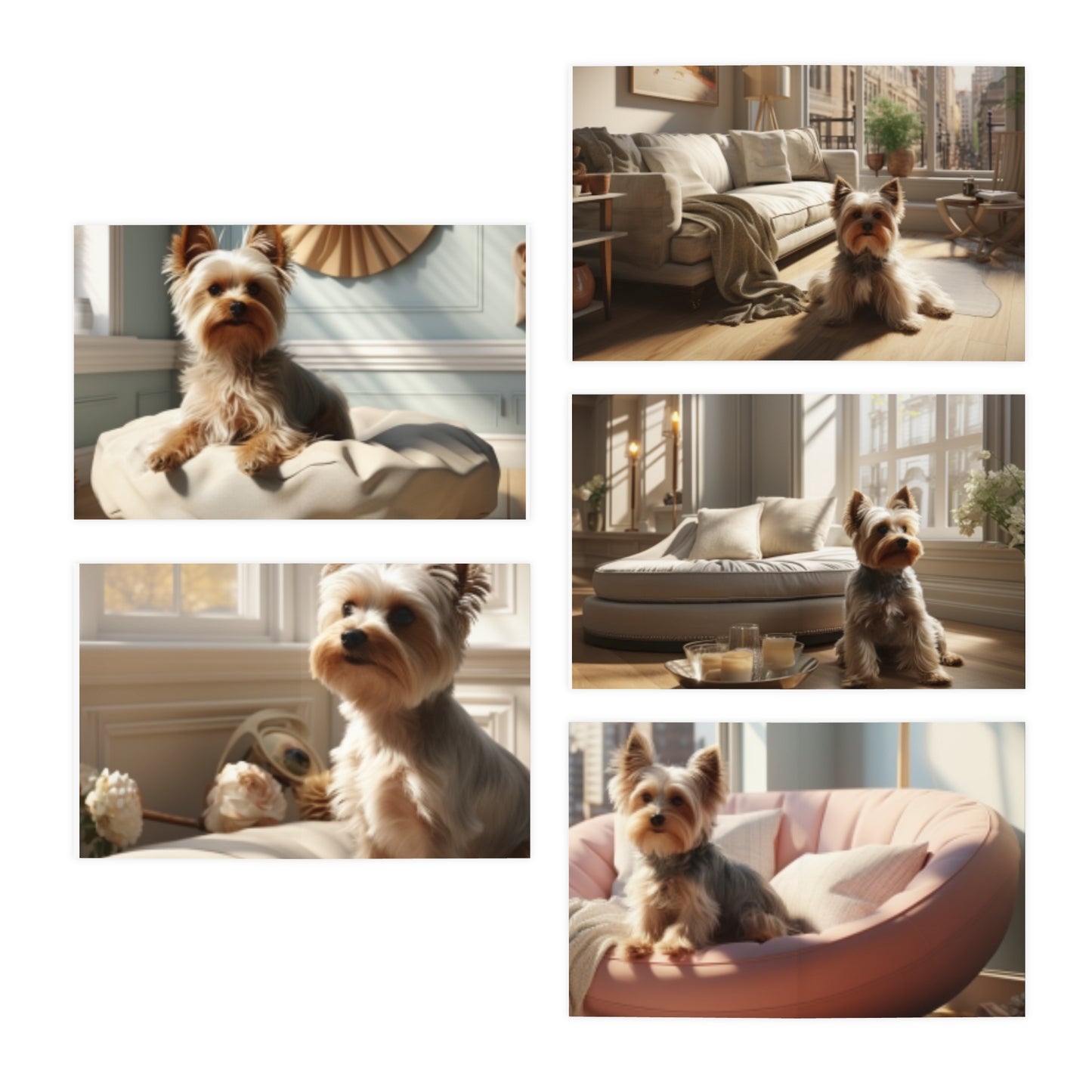 Confident Companion: A Dynamic Depiction of a Yorkshire Terrier Confident In a luxurious living Space.(5-Pack)