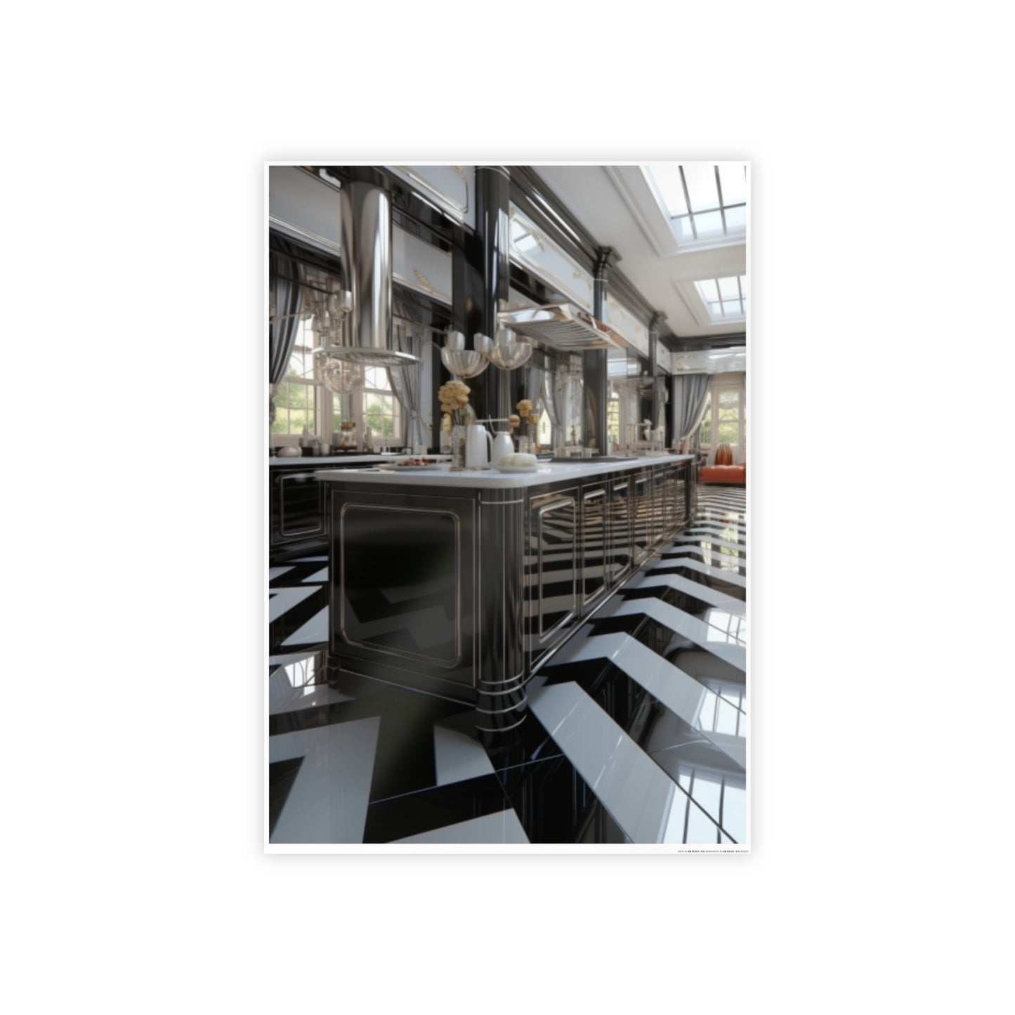 Modern Kitchen Poster with City and Garden Views