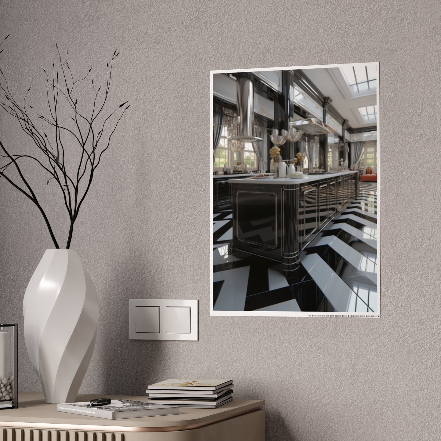 Modern Kitchen Poster with City and Garden Views