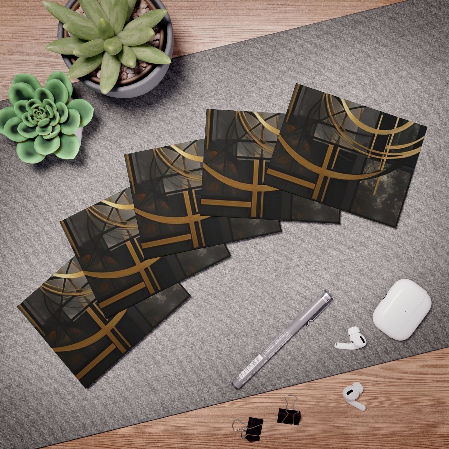 Elegance in Ink: Gold & Black Abstract Art Note Card Set(5-Pack)