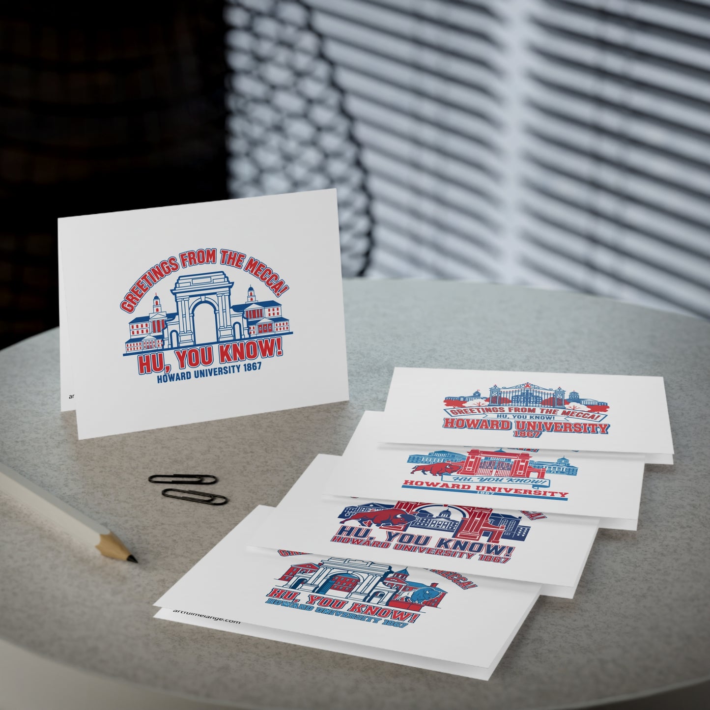 Greetings From The Mecca Multi-Design Greeting Card Set/5 Pak/ Bold Howard University pride in a clean, vibrant design for every occasion.