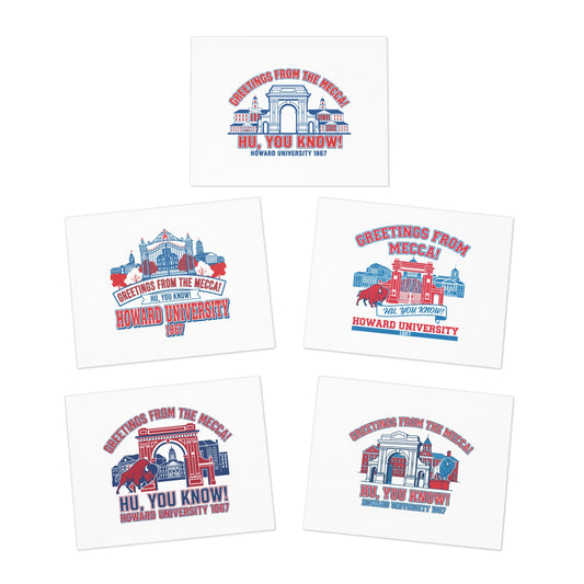 Greetings From The Mecca  Multi-Design Greeting Card Set/5 Pak/ Bold Howard University pride in a clean, vibrant design for every occasion.
