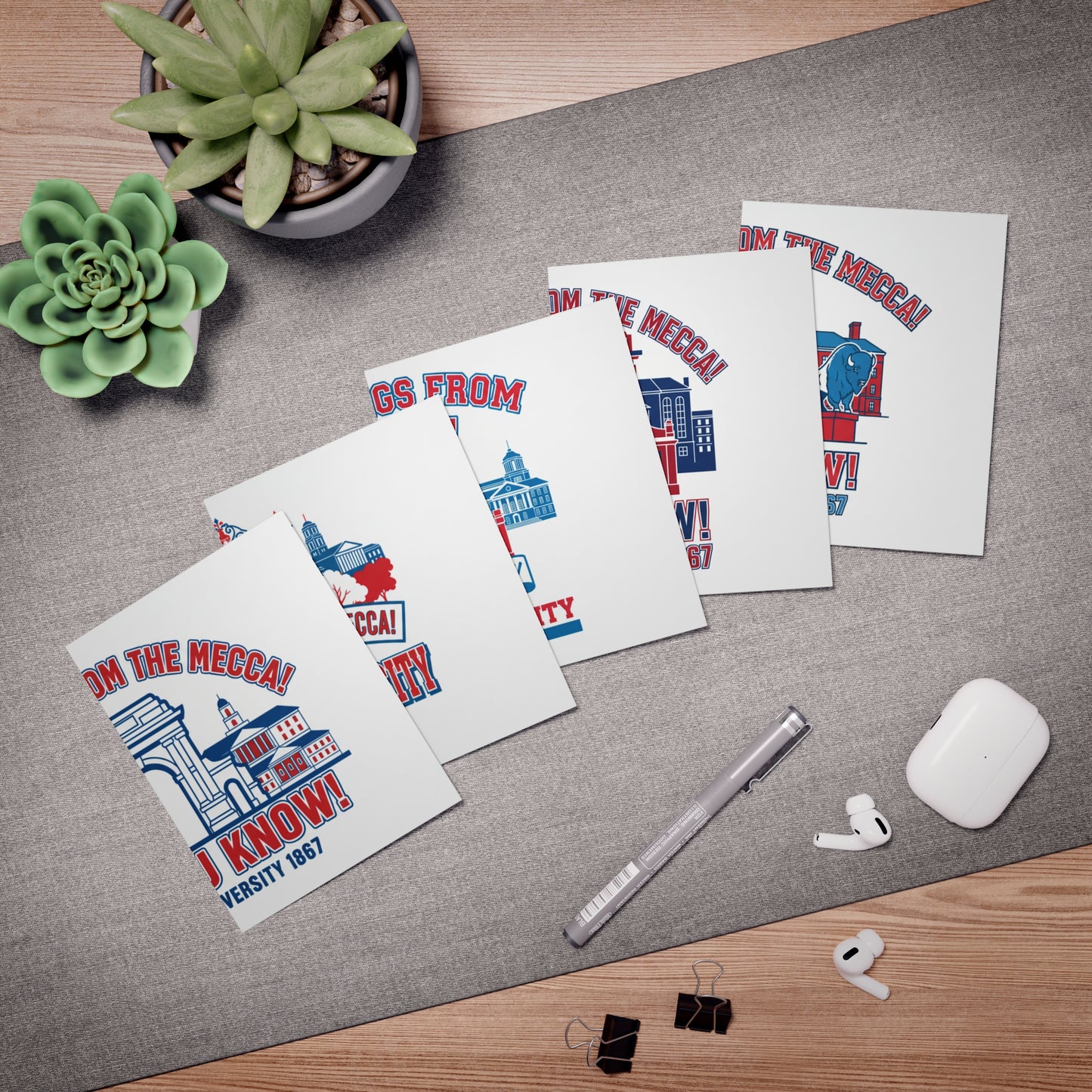 Greetings From The Mecca  Multi-Design Greeting Card Set/5 Pak/ Bold Howard University pride in a clean, vibrant design for every occasion.