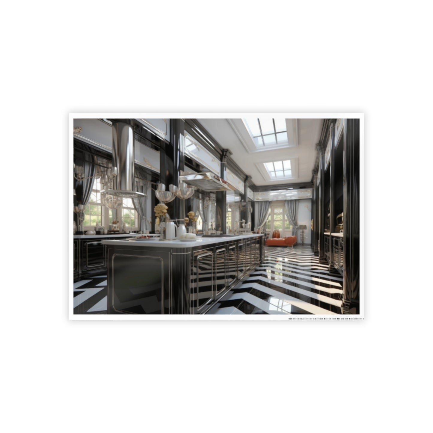 Modern Kitchen Poster with City and Garden Views