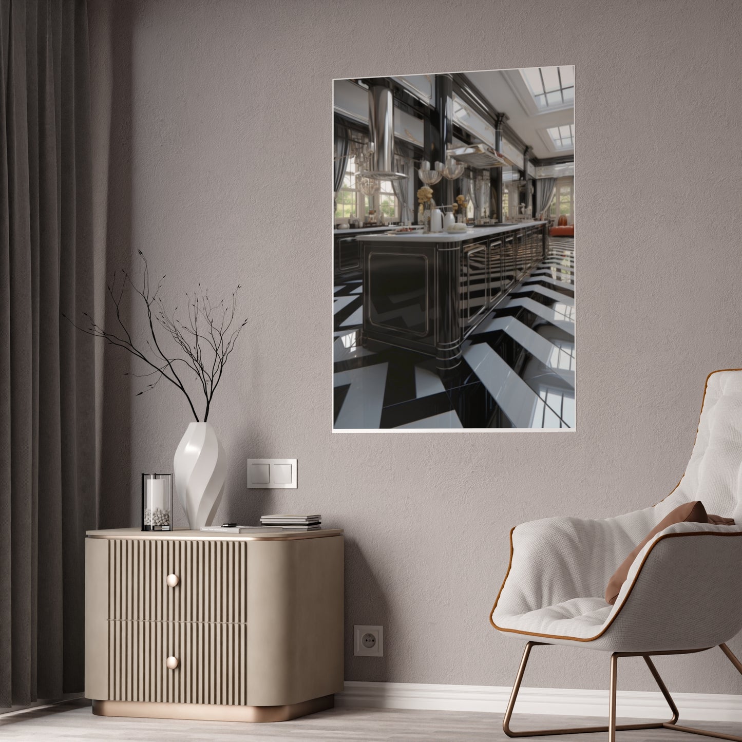 Modern Kitchen Poster with City and Garden Views