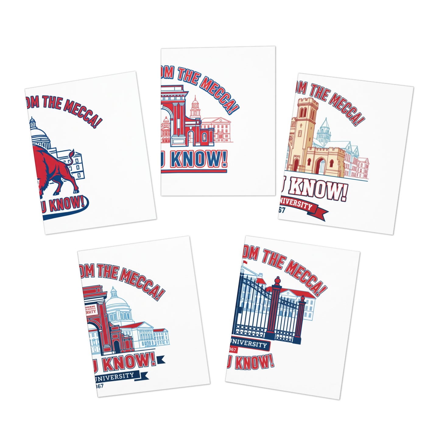 Greetings From The Mecca  Multi-Design Greeting Card Set/5 Pak/ Bold Howard University pride in a clean, vibrant design for every occasion.