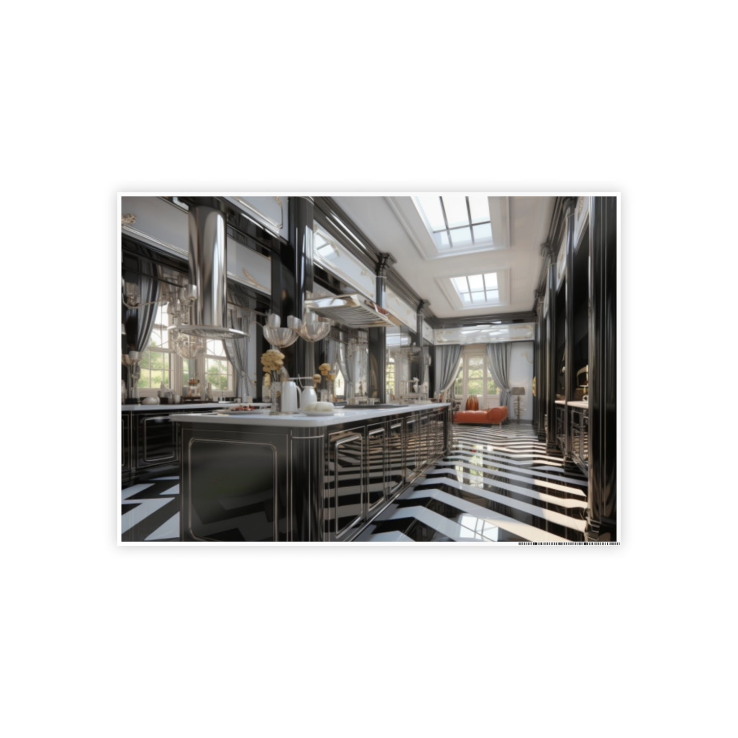 Modern Kitchen Poster with City and Garden Views