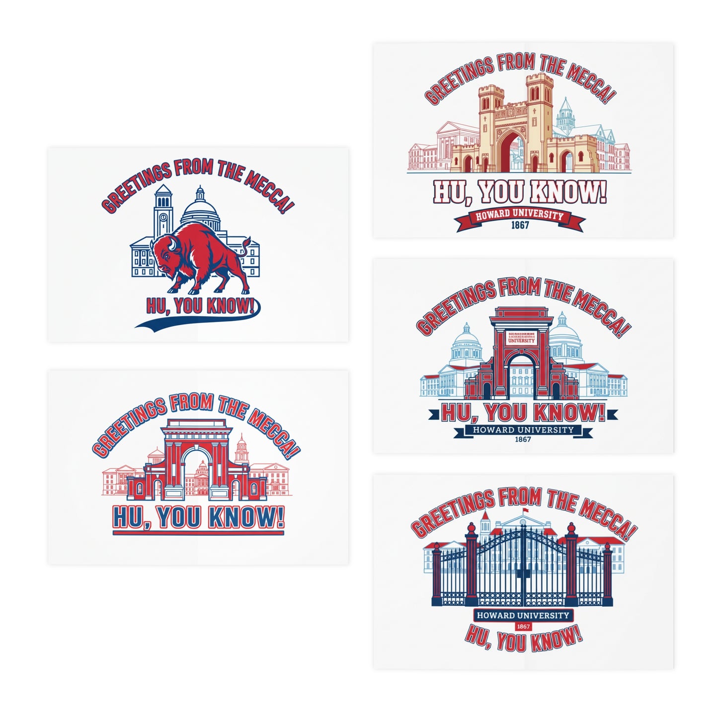 Greetings From The Mecca  Multi-Design Greeting Card Set/5 Pak/ Bold Howard University pride in a clean, vibrant design for every occasion.