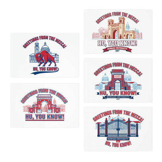 Greetings From The Mecca  Multi-Design Greeting Card Set/5 Pak/ Bold Howard University pride in a clean, vibrant design for every occasion.