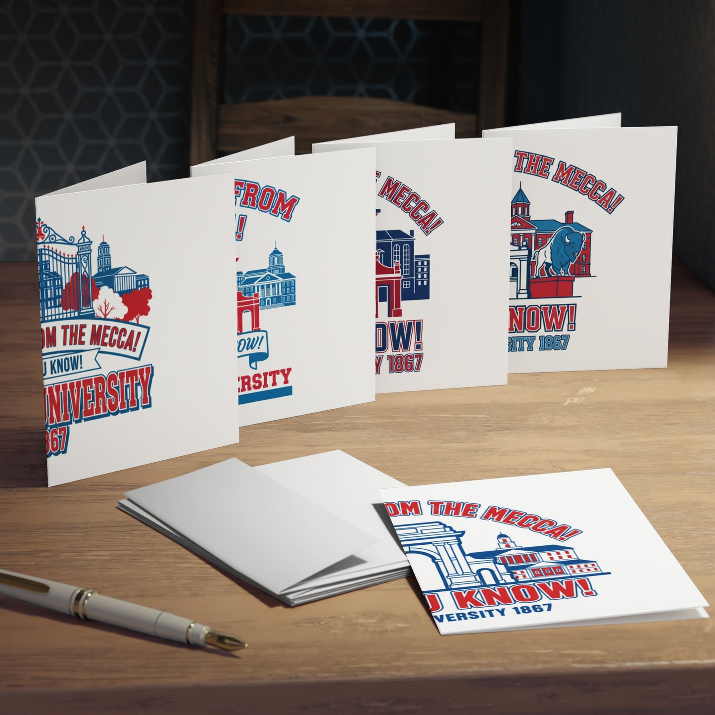 Greetings From The Mecca  Multi-Design Greeting Card Set/5 Pak/ Bold Howard University pride in a clean, vibrant design for every occasion.