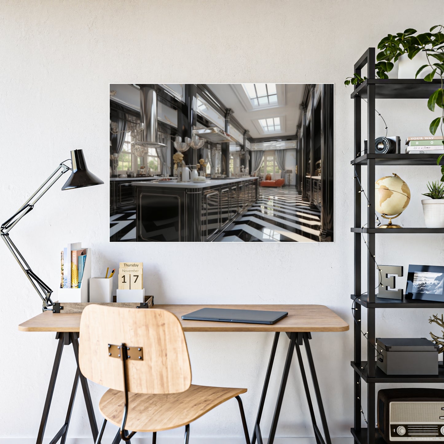 Modern Kitchen Poster with City and Garden Views
