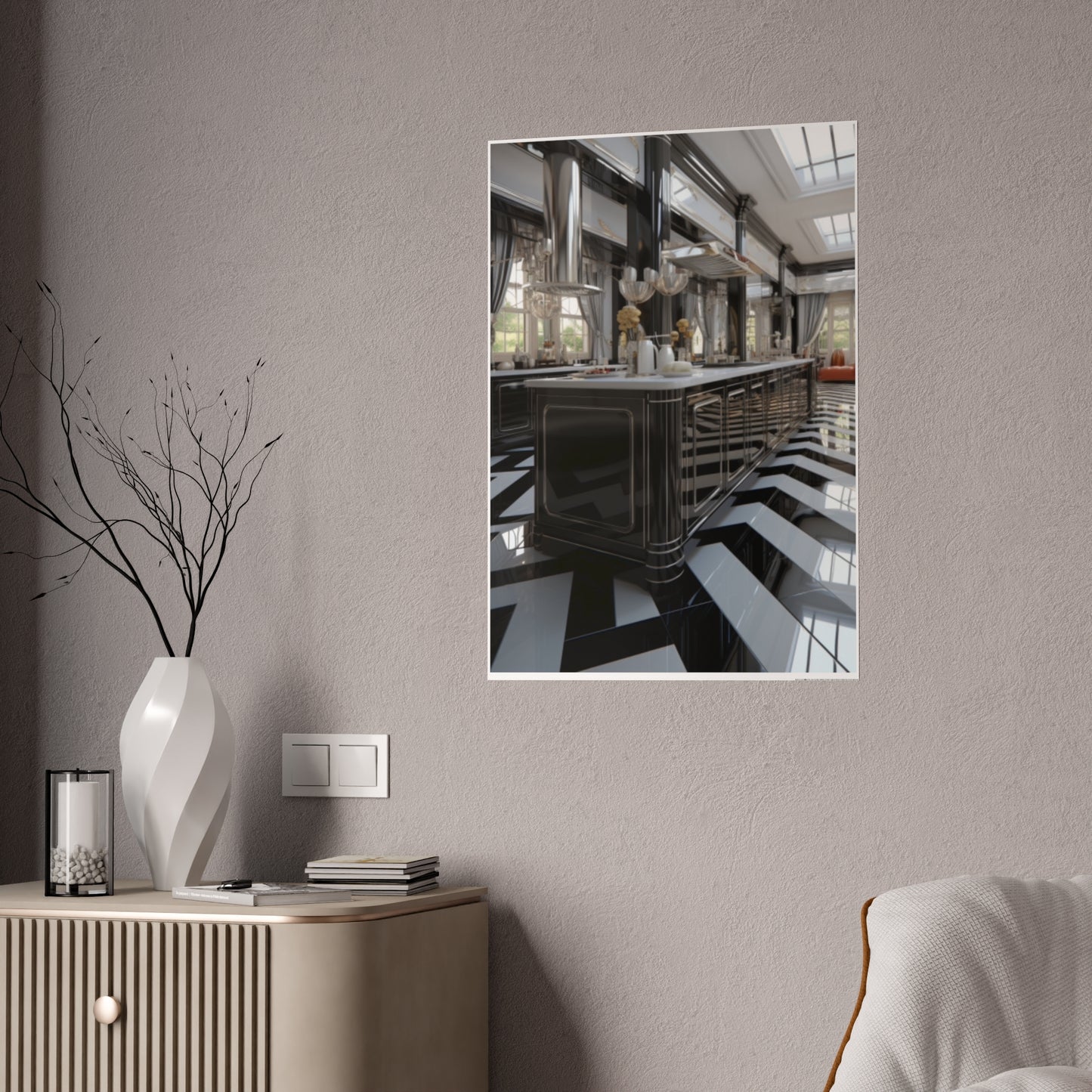 Modern Kitchen Poster with City and Garden Views