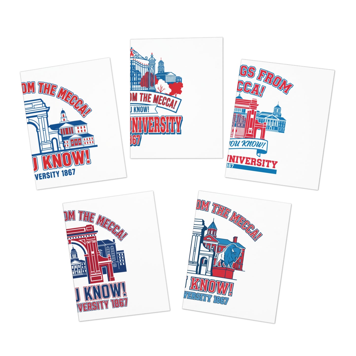 Greetings From The Mecca  Multi-Design Greeting Card Set/5 Pak/ Bold Howard University pride in a clean, vibrant design for every occasion.