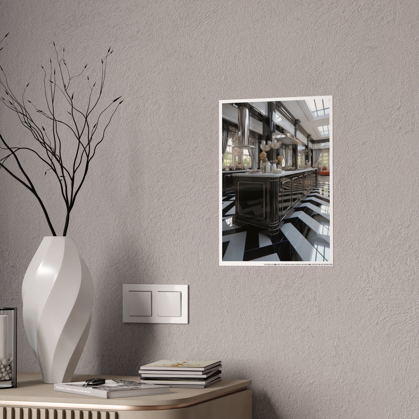 Modern Kitchen Poster with City and Garden Views