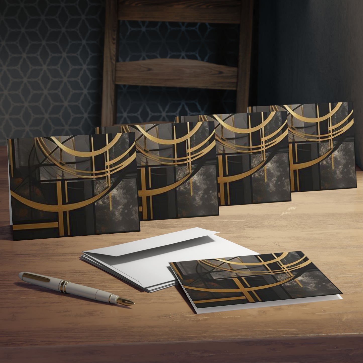 Elegance in Ink: Gold & Black Abstract Art Note Card Set(5-Pack)