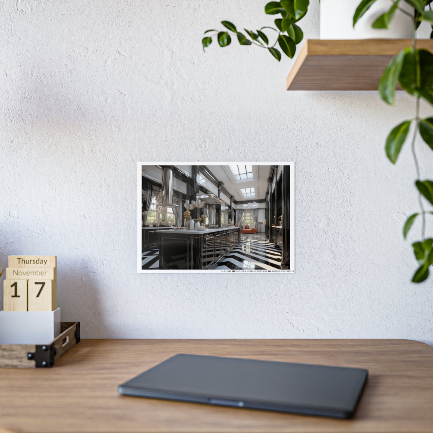 Modern Kitchen Poster with City and Garden Views