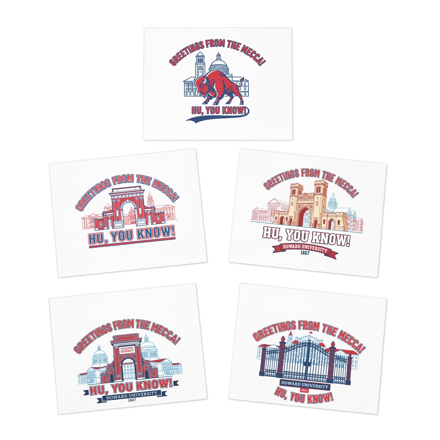 Greetings From The Mecca  Multi-Design Greeting Card Set/5 Pak/ Bold Howard University pride in a clean, vibrant design for every occasion.