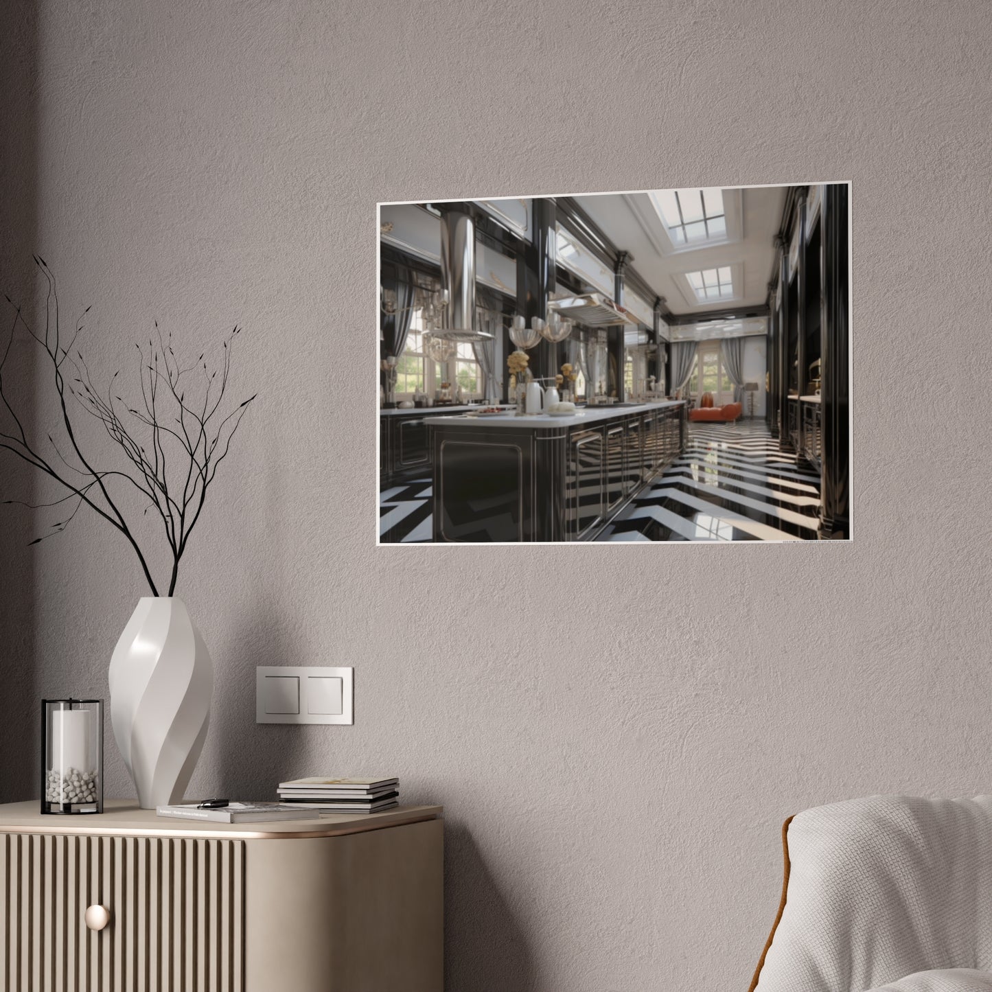 Modern Kitchen Poster with City and Garden Views