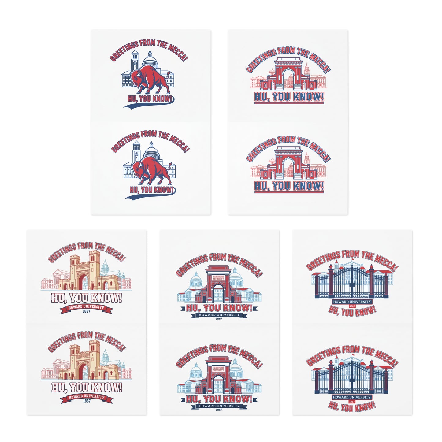 Greetings From The Mecca  Multi-Design Greeting Card Set/5 Pak/ Bold Howard University pride in a clean, vibrant design for every occasion.