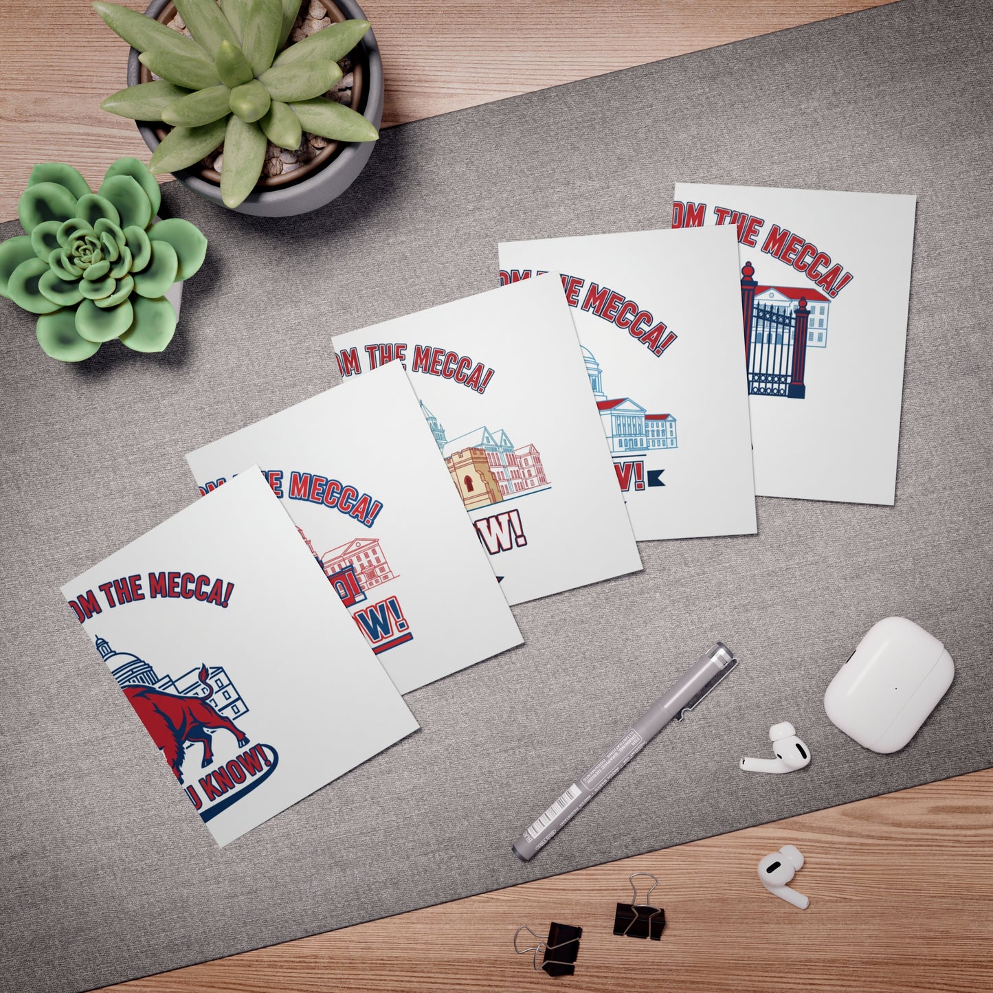 Greetings From The Mecca  Multi-Design Greeting Card Set/5 Pak/ Bold Howard University pride in a clean, vibrant design for every occasion.