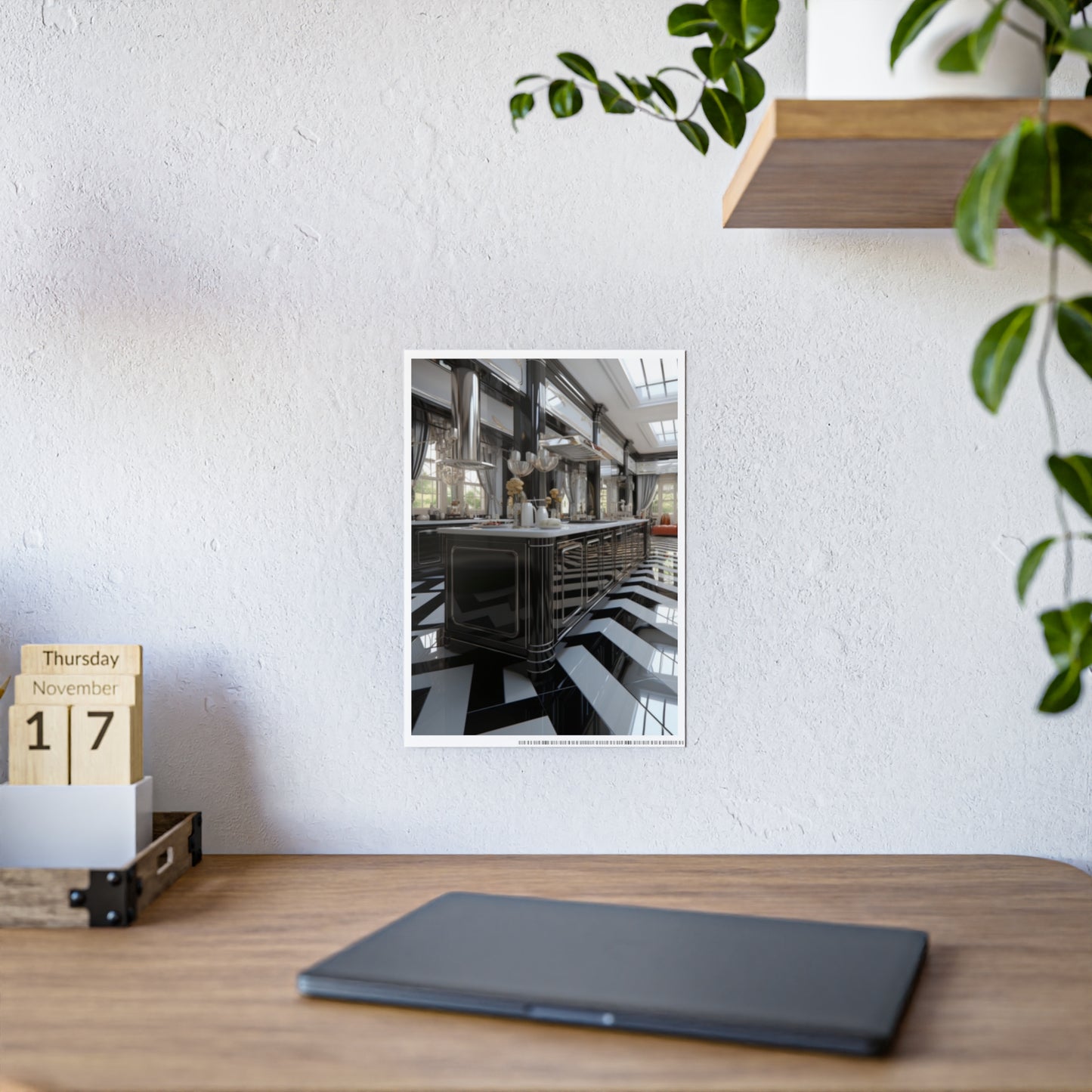 Modern Kitchen Poster with City and Garden Views