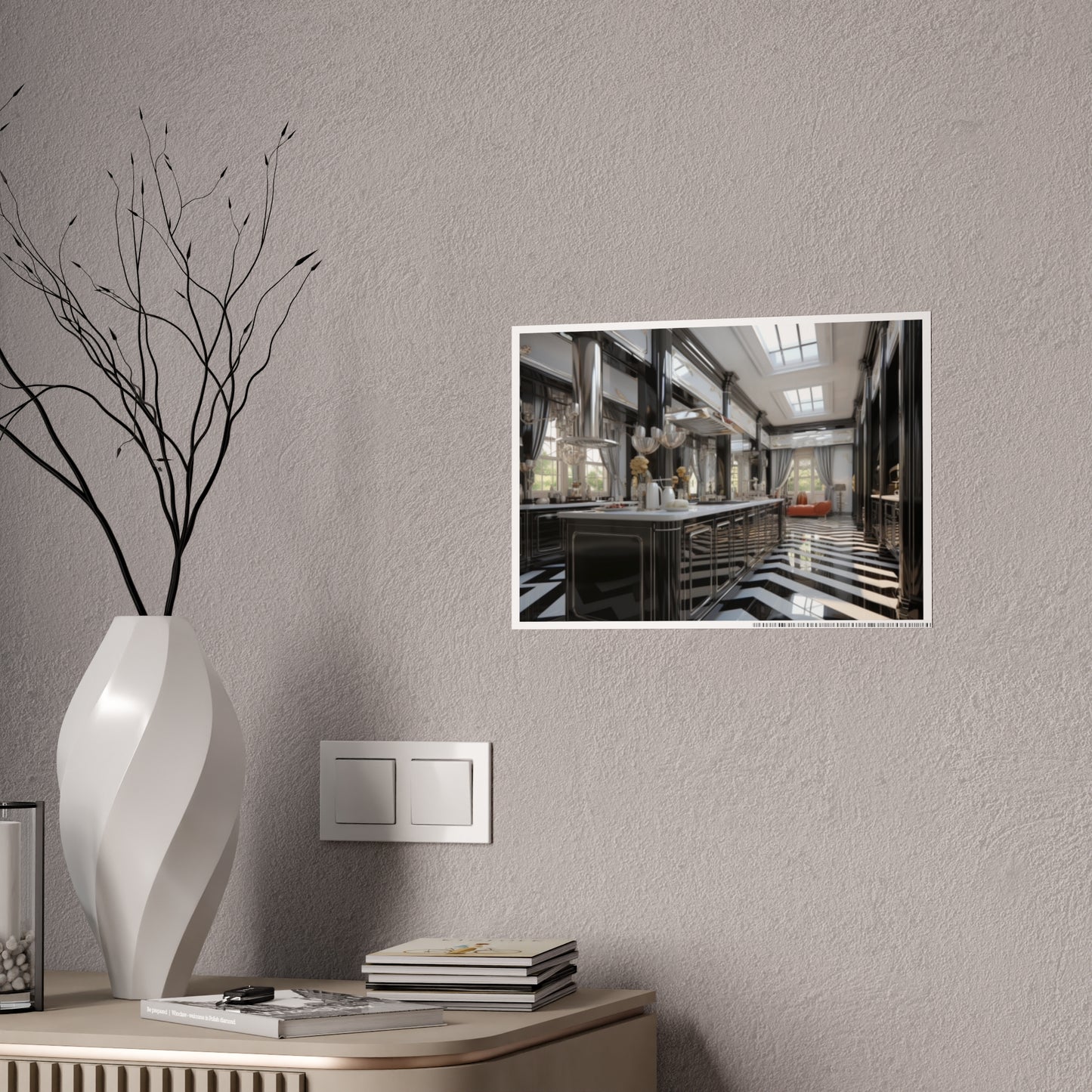 Modern Kitchen Poster with City and Garden Views