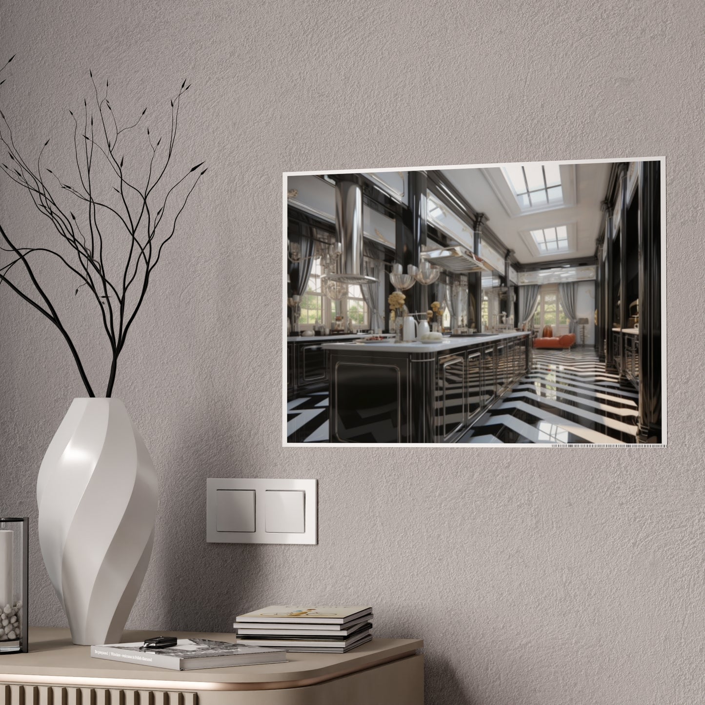 Modern Kitchen Poster with City and Garden Views