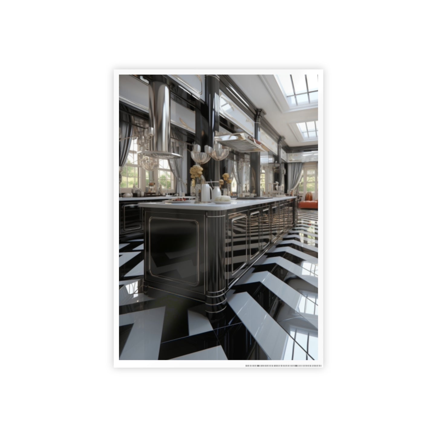 Modern Kitchen Poster with City and Garden Views