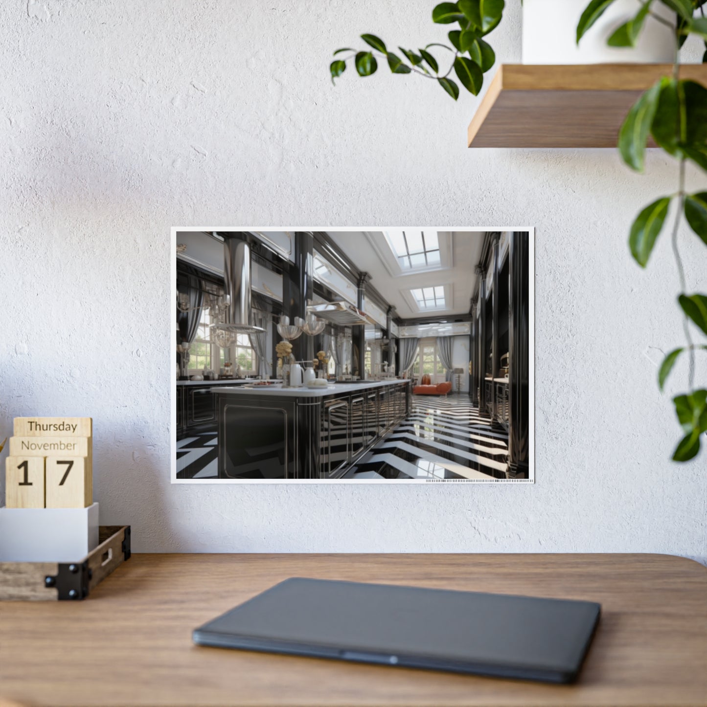 Modern Kitchen Poster with City and Garden Views
